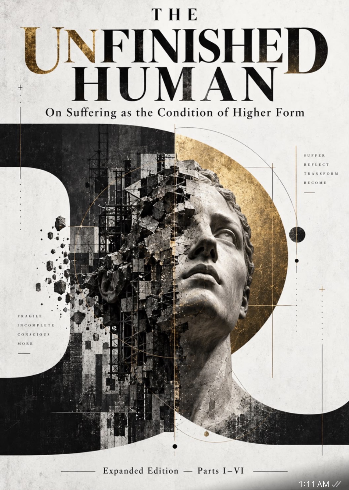 The Unfinished Human cover: a fractured classical head against ivory, black, and gold geometric forms